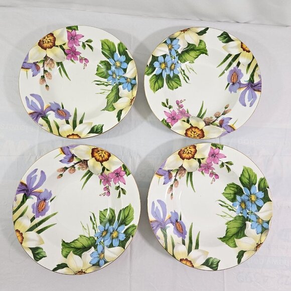 Emeiald White Floral Print Large Rimmed Ceramic Soup Salad Bowls – Set of 4 - Picture 10 of 16